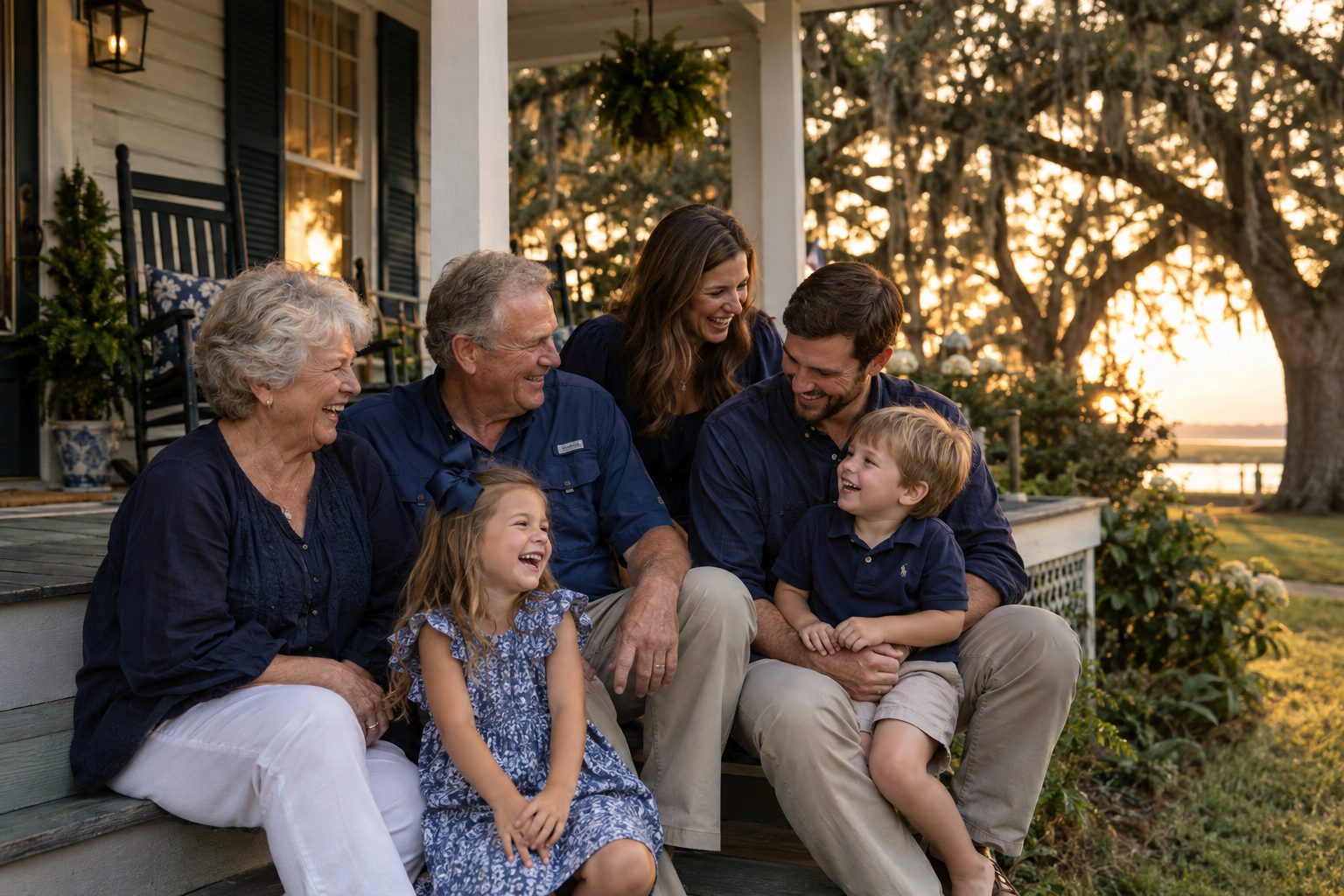 A multigenerational family laughing together on a front porch at sunset